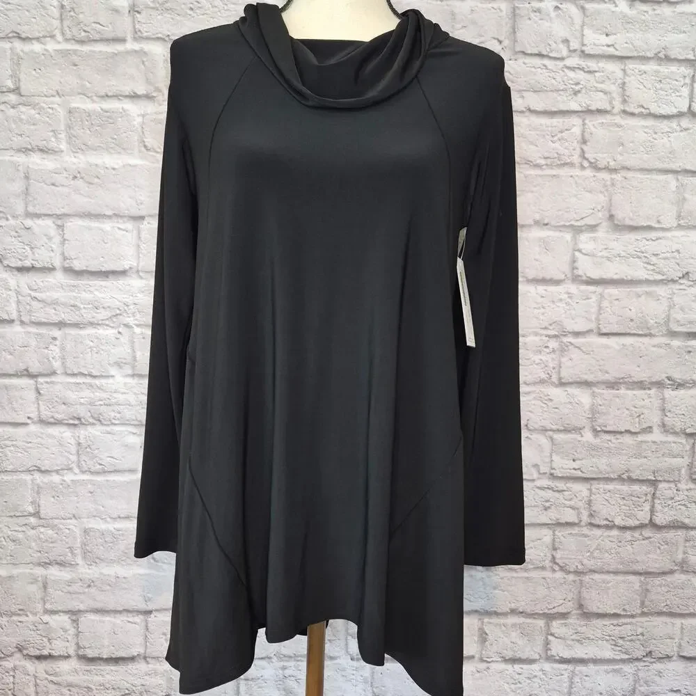Sympli The Look Tunic Top Black Cowl Neck Asymmetrical Swing Lagenlook Sz 6 NWT - Picture 3 of 11